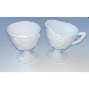 White Milk Glass Pedestal Creamer and Sugar Bowl Set